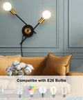 Plug In Two Light Wall Sconce, Black Wall Lamp With Switch in living room, E26 base, sleek modern vanity lighting with bulb display