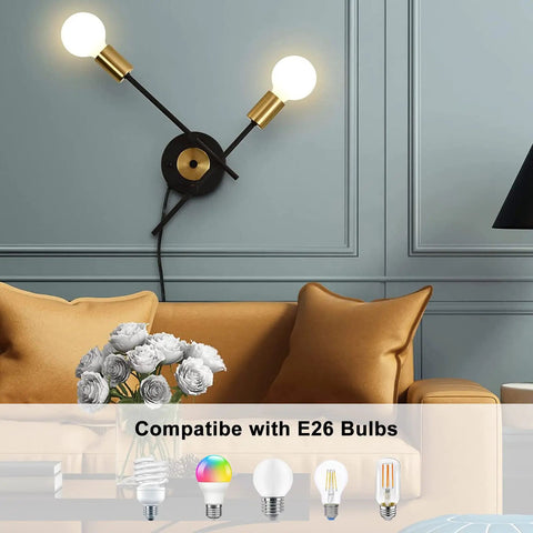 Plug In Two Light Wall Sconce, Black Wall Lamp With Switch in living room, E26 base, sleek modern vanity lighting with bulb display