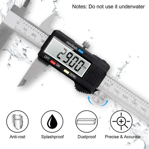 Waterproof Stainless Steel Digital Caliper 6 Inch 150mm With Large LCD Screen showing measurement in millimeters.
