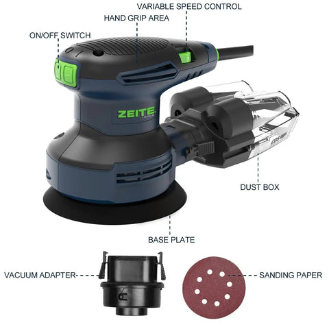 Powerful 3 Amp Random Orbital Palm Sander With Variable Speed From 5000 To 12000 OPM Cyclonic Dust Box Vacuum Adapter and Sandpapers