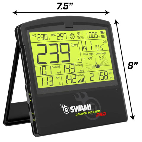 Swami Launch Master Pro Golf Launch Monitor with Doppler Radar showing real-time swing and ball data, 7.5x8 inch display.