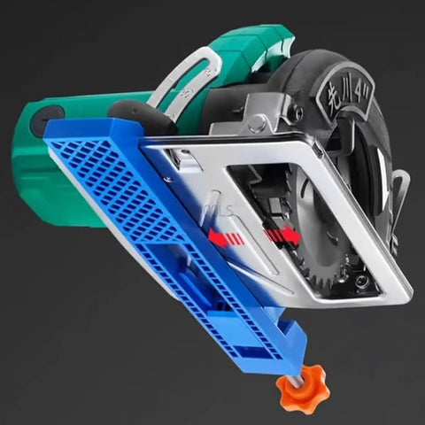 Get That Perfect Line With This Electric Circular Saw Guide Tool Positioner Edge Clamp For 4 Inch Saws And Marble Cutters, blue guide clamped on saw.