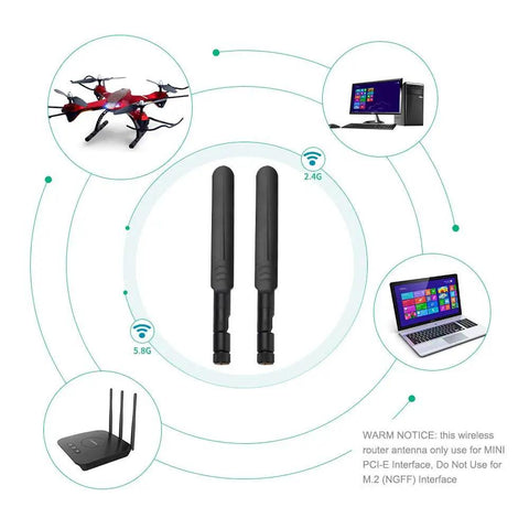 Dual Band 8dBi WiFi Antenna Kit With RP-SMA Male Connectors And 2 x 35cm UFL IPEX To RP-SMA Female Pigtail Cables