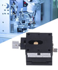 XY Linear Stage 40x40mm Aluminum Manual Precision Slide Platform with ruler and knob, machine assembly background