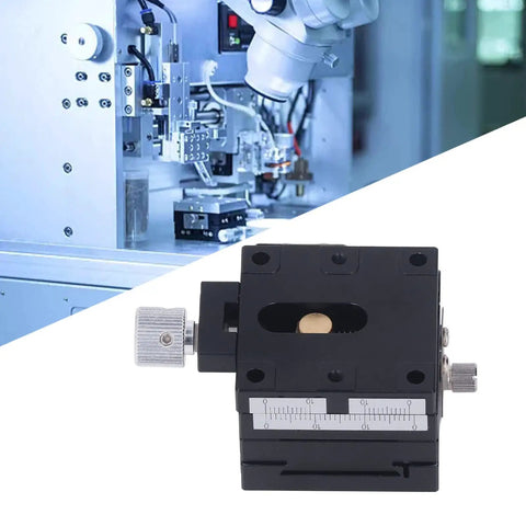 XY Linear Stage 40x40mm Aluminum Manual Precision Slide Platform with ruler and knob, machine assembly background