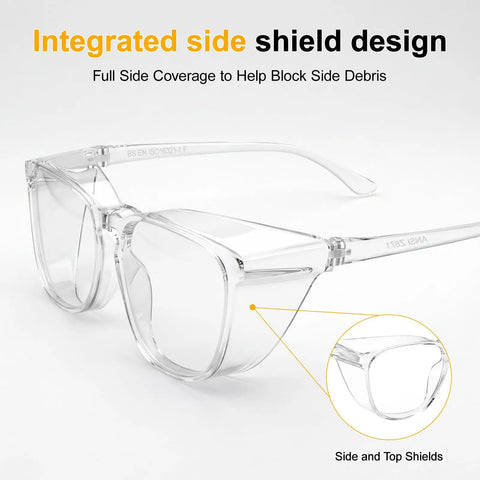 Heavy Duty 36 Pack ANSI Z87.1 Safety Glasses Featuring Side Shields And Anti Scratch Coating with integrated side shields for debris protection.