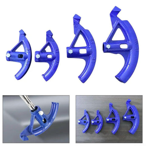 Heavy Duty Manual Steel Pipe Bender set with four blue bending tools for plumbing and electrical work, ergonomic and compact design.