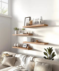 Set Of Six Premium Solid Wood Floating Wall Shelves Light Brown Oak Style Real Timber Grain Decor For Bedroom Living Room Knockout Design Hella Durable Modern Rustic Look 17 Inch Width Easy Mount Home Storage Solution displayed with decorative items.
