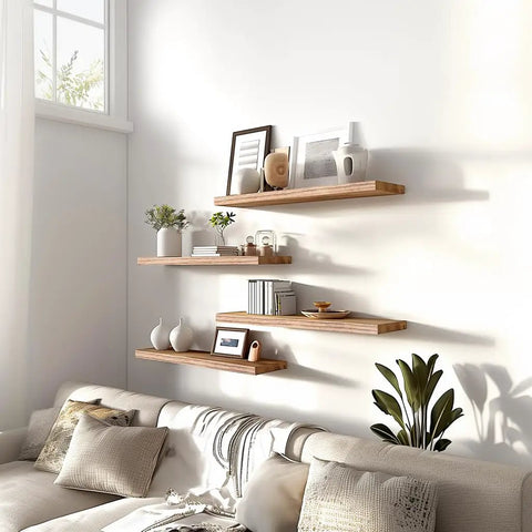 Set Of Six Premium Solid Wood Floating Wall Shelves Light Brown Oak Style Real Timber Grain Decor For Bedroom Living Room Knockout Design Hella Durable Modern Rustic Look 17 Inch Width Easy Mount Home Storage Solution displayed with decorative items.