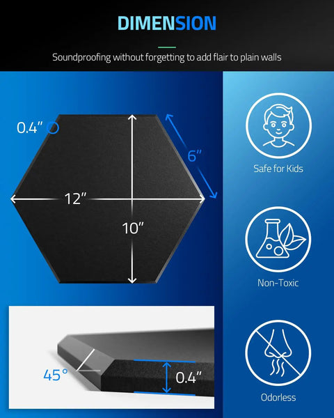 Top Shelf 12 Pack Self Adhesive Sound Proof Foam Wall Panels For Crisper Audio And Echo Free Vibes Easy Peel Stick Acoustic Tiles, hexagonal 12 x 10 x 0.4 inches, black.