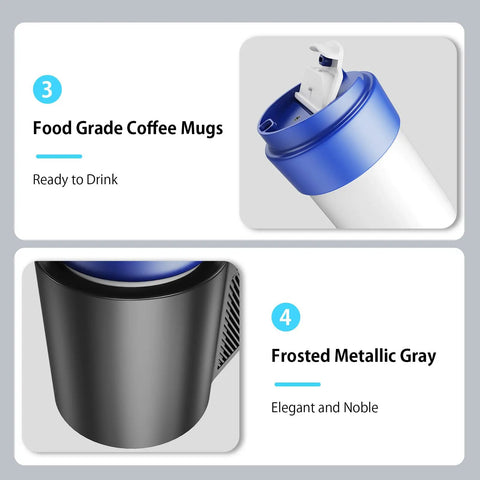 Road Warrior Ready 2 In 1 Car Heating Cooling Cup Serving 12V Smart Travel Coffee Mug showing food grade materials and frosted metallic gray design.