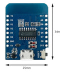 Close-up of a Five Pack D1 Mini NodeMCU ESP8266 ESP-12F WiFi Dev Board Bundle For Arduino IDE And WeMos D1 Mini, showing pins and dimensions.