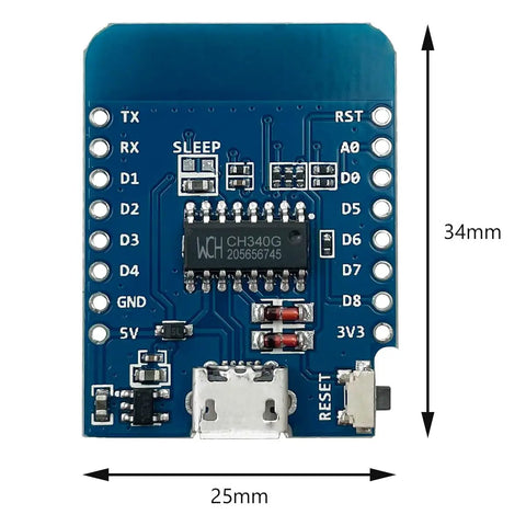 Close-up of a Five Pack D1 Mini NodeMCU ESP8266 ESP-12F WiFi Dev Board Bundle For Arduino IDE And WeMos D1 Mini, showing pins and dimensions.