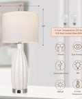 27 Inch Ceramic Table Lamp Set Of 2 With USB Port 3 Color Temperature White Rattan Texture Tall Living Room Bedroom Nightstand Lamps With 2 LED Bulbs 9W Must Have shown with bulb features and dimensions