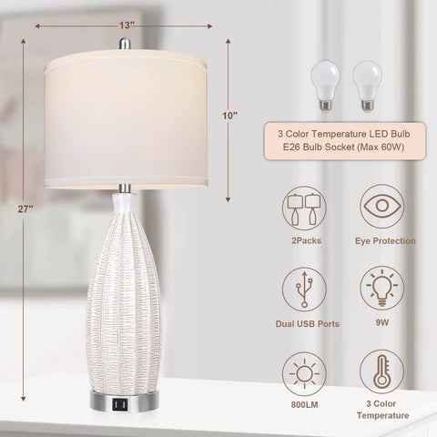 27 Inch Ceramic Table Lamp Set Of 2 With USB Port 3 Color Temperature White Rattan Texture Tall Living Room Bedroom Nightstand Lamps With 2 LED Bulbs 9W Must Have shown with bulb features and dimensions