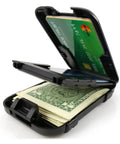 Open RFID Blocking 4 Card Wallet with 3 scan proof card slots showing credit cards and cash, compact design