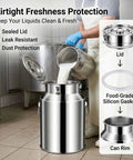 Heavy Duty 1.3 To 7.4 Gallon Stainless Steel Milk Jug With Secure Silicone Gasket Lid being filled with milk in a kitchen.