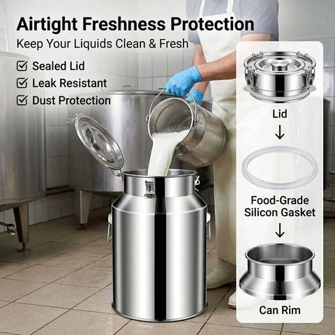 Heavy Duty 1.3 To 7.4 Gallon Stainless Steel Milk Jug With Secure Silicone Gasket Lid being filled with milk in a kitchen.