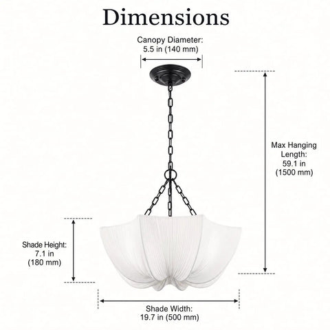 Finktonglan 19.7" White Pleated Fabric Chandelier, Farmhouse Pendant Light dimensions and specifications.