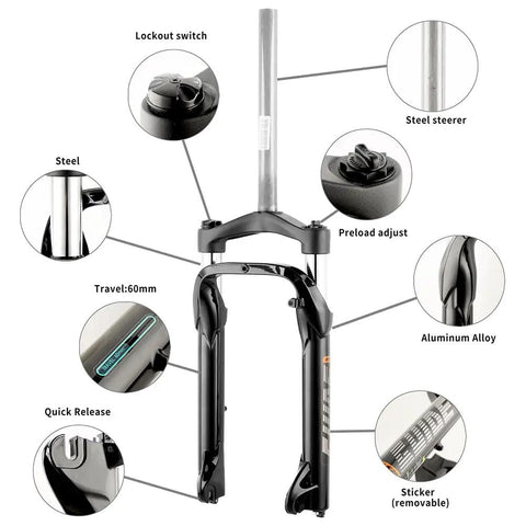 Syvrac Aluminum Suspension Fork For 20 Inch Fat Bikes And Snow Mountain Ebikes, detailed components view.