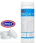 Rinza M90 Milk Frother Cleaning Tablets 10g Dissolve Fast In Hot Or Cold Water bottle with tablets and Urnex logo
