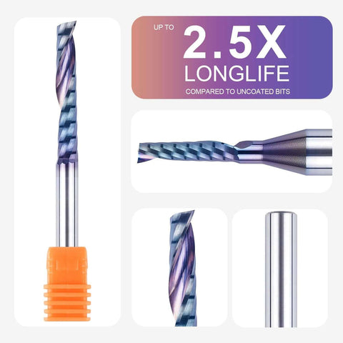 SpeTool 1/4 in shank single-flute end mill; 3 in overall length, carbide, upcut O-flute, coated