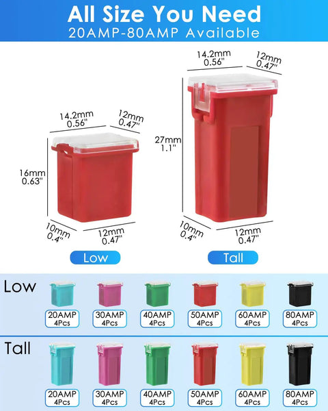 48 Piece Tall And Low Profile Automotive Blade Fuse Assortment Kit With Puller Includes 20A 30A 40A 50A 60A 80A For Cars Trucks SUVs Boats UTVs ATVs And More Go To Fuse Kit with dimensions shown for low and tall profiles.