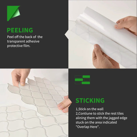 Person peeling adhesive film and arranging White Arabesque Peel And Stick Tile Backsplash, 10 Sheets Self Adhesive