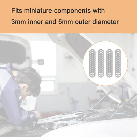 M3x5mm Steel Shim Washer Set, 48Pcs Ultra Thin Spacers package displayed in car repair setting, fits for M3 bolts.