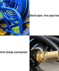 Rock Solid Heavy Duty Garden Hose Reel Cart With Smooth Rolling Steel Frame And No Nonsense Brass Fittings, showing steel pipe and brass connector.