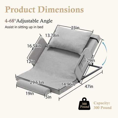 Dimensions of Electric Adjustable Bed Backrest With Safety Rails 300 Pound Capacity 4 To 68 Degree Lift Range Machine Washable Cover