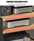 Multi Tier HiFi Rack With Solid Wood And Stainless Steel Brackets Anti Vibration Desktop Audio Stand close-up of shelves and equipment