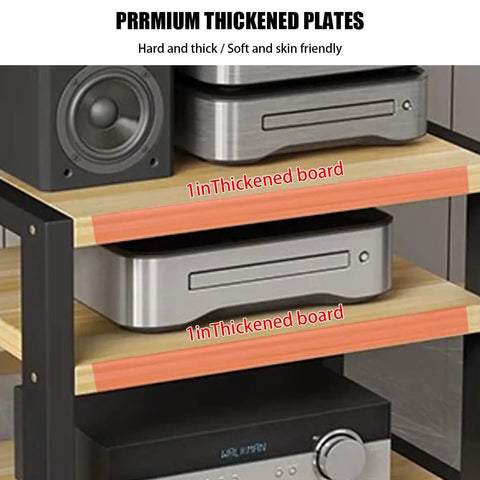 Multi Tier HiFi Rack With Solid Wood And Stainless Steel Brackets Anti Vibration Desktop Audio Stand close-up of shelves and equipment