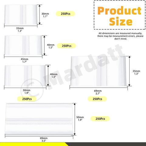 1250 Pcs Clear PVC Heat Shrink Bands 5 Sizes Assorted Perforated Shrink Wrap Film For Essential Oil Bottles Jars showing size chart.