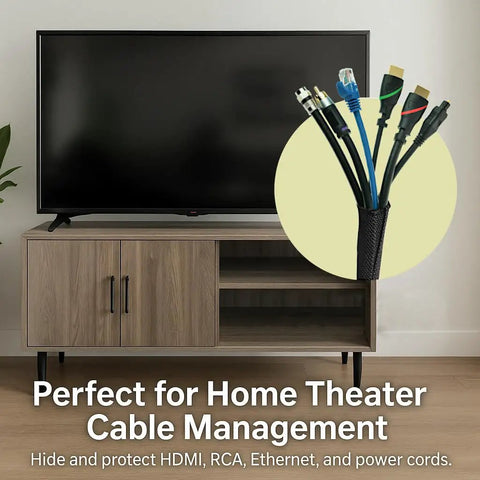 Split Sleeve Wire Loom Wrap, Woven Mesh Heat Resistant Harness Protector For Automotive And Home Cables shown in living room setting