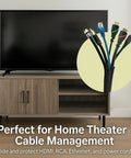 TV console with Split Sleeve Wire Loom For High Temp Automotive Harness And Home Cables, 25 Feet Long, Woven Mesh Wrap close-up.