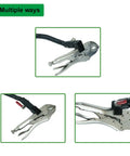 Close-up of silver clamp tool with adjustable handles and flexible black stem, showing multiple usage configurations.