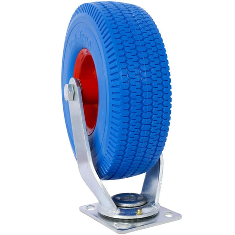 No More Flat Tire Headaches Hey Heavy Duty 10 Inch Flat Free Caster Set 2 Swivel 2 Rigid blue rubber wheel with metal mount.