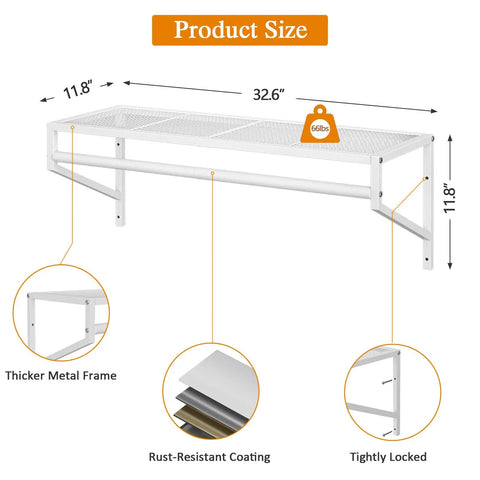 Heavy Duty Workhorse Wall Mounted Closet Shelves With Hanging Rod Four Pack Floating White Wire Shelving For Laundry Room And Garage Organization Straight Shooter Setup size 32.6x11.8 inches