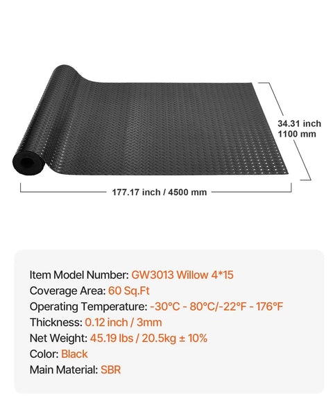 Heavy Duty Rubber Flooring Roll 4 By 15 Foot Diamond Plate Mat, 3mm Thick, Wear Resistant SBR, Non Slip, Black