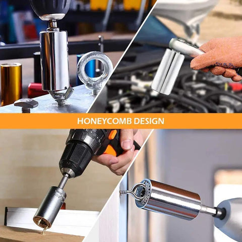 Flexible Drill Bit Extender And Universal Socket Wrench Set With 105 Degree Right Angle Attachment in use on machinery and woodwork