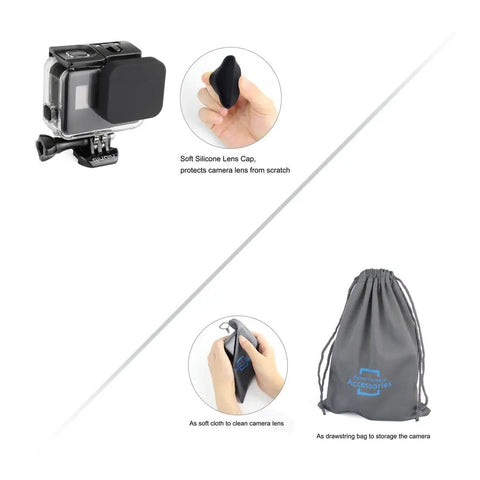 Waterproof Action Camera Housing For Hero 5 6 7 Black with lens cap, cleaning cloth, and storage bag