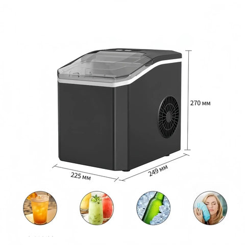 Compact Countertop Ice Maker Crafting Quick Bullet Ice In Six Minutes Flat, sleek black design with transparent lid.