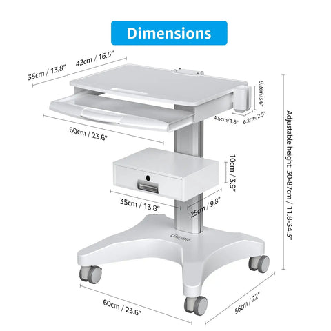 Dimensions diagram of Mobile Medical Trolley Cart With Laptop Tray And Oral Scanner Holder, 360 Degree Locking Wheels, Drawer, Mobile Workstation