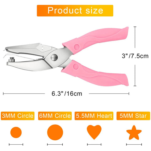 4 Pack Handheld Hole Punch Set With Heart, Star, Large Circle And Medium Circle Shapes, Rubber Grip shown with product dimensions