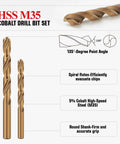 Front view of StratMet 13-piece cobalt drill bit set, M35 HSS, two gold-coated bits visible, with indexed storage case