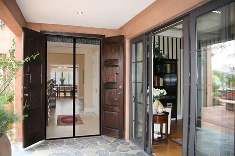 Open door with Pet Friendly Magnetic Screen Door With Fiberglass Mesh Easy Install Sliding Screen For Doors Lets Breeze In While Keeping Bugs Out Durable Mesh Door Net For Patio Or Back Door, leading to indoor space.