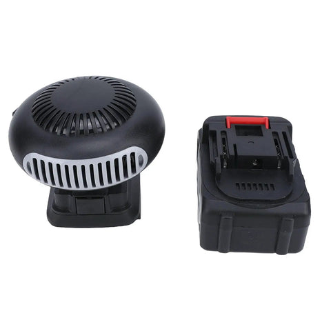 Portable Battery Car Heater Packed With A Massive 12000mAh Cell And Lightning Fast Heat showing black compact design with heating element and battery.