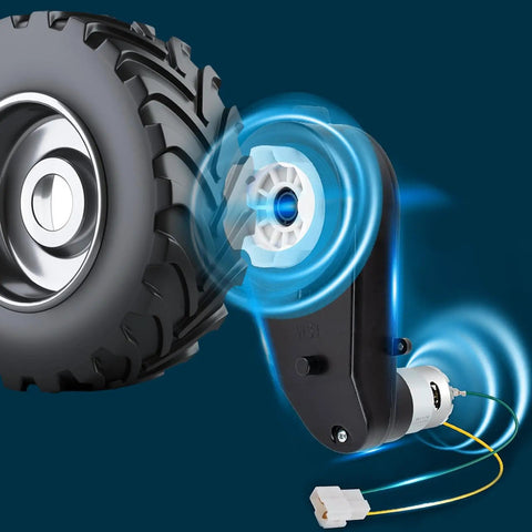 Two Pack 24V Electric Motor Gearbox For Kids Ride On Toys Car RS555 40000RPM High Speed Drive Engine Replacement Parts shown with wheel