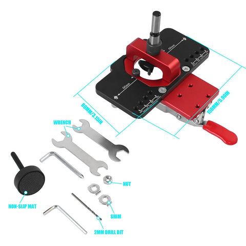 35mm Metal Concealed Hinge Jig with Quick Clamp and Dust Vacuum Adapter, includes wrench, drill bit, and installation accessories.